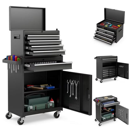 Rolling Tool Chest, 5 Drawers with Big Cabinet, Tool Trolley with 4 Universal Lockable Wheels and Lock Bar, Great Black Tool Cart for Garage Workshop, Sturdy Heavy Duty Tool Storage, Easy Assemble