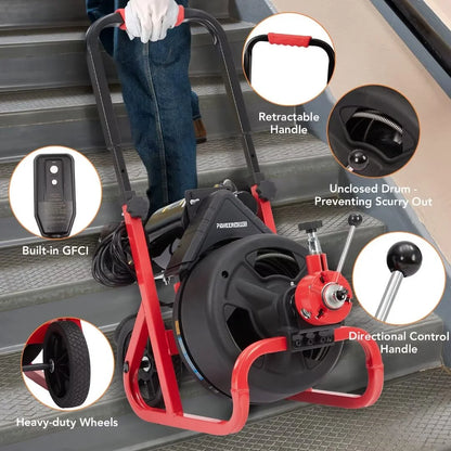 Drain Cleaner Machine, 100 Ft X 3/8 Inch Electric Drain Snake with 6 Cutters, Electric Drain Clog Remover Plumbing Tool for 2-4" Pipes