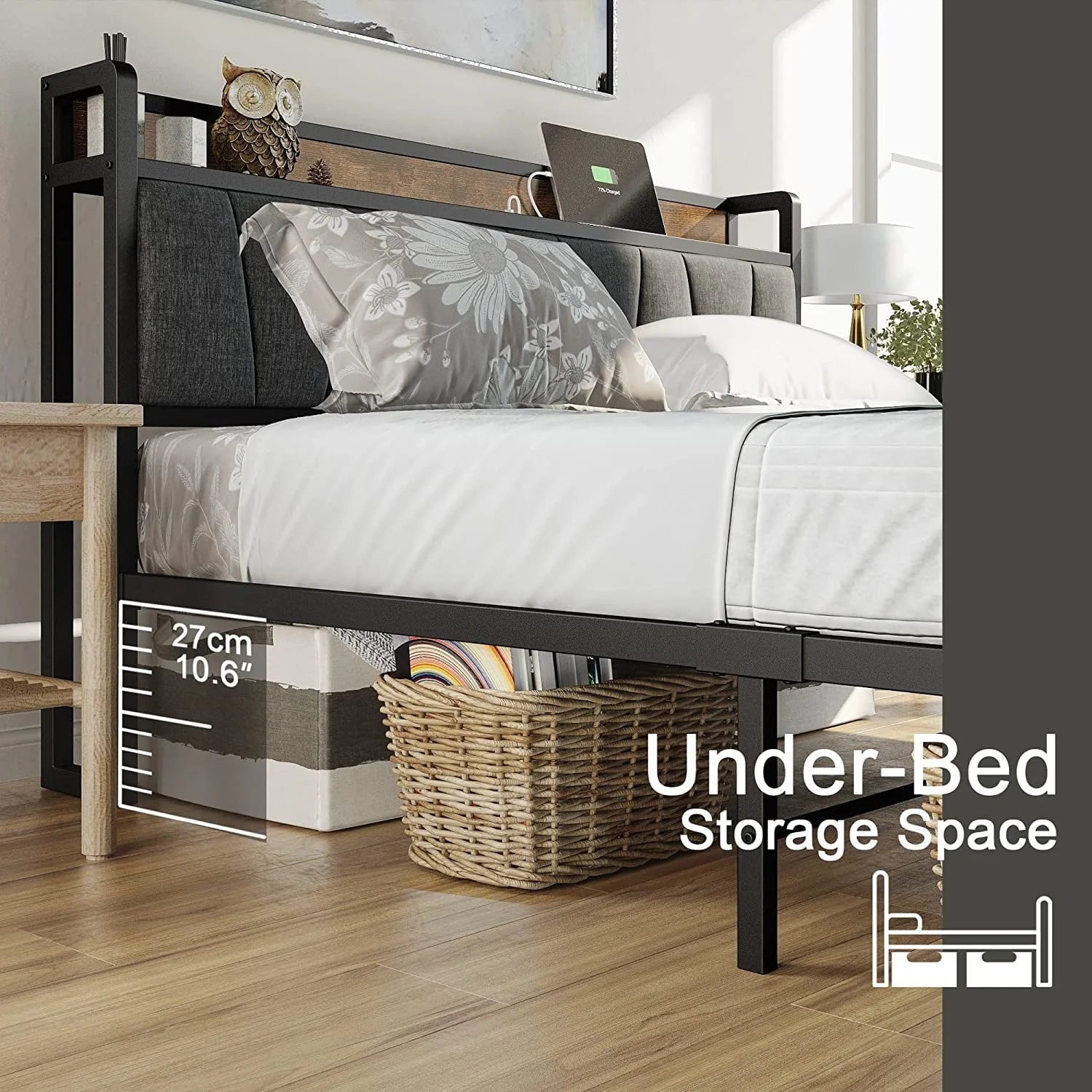 LIKIMIO King Metal Bed Frame with Storage Headboard and Outlets, Sturdy for Adults, Vintage and Gray