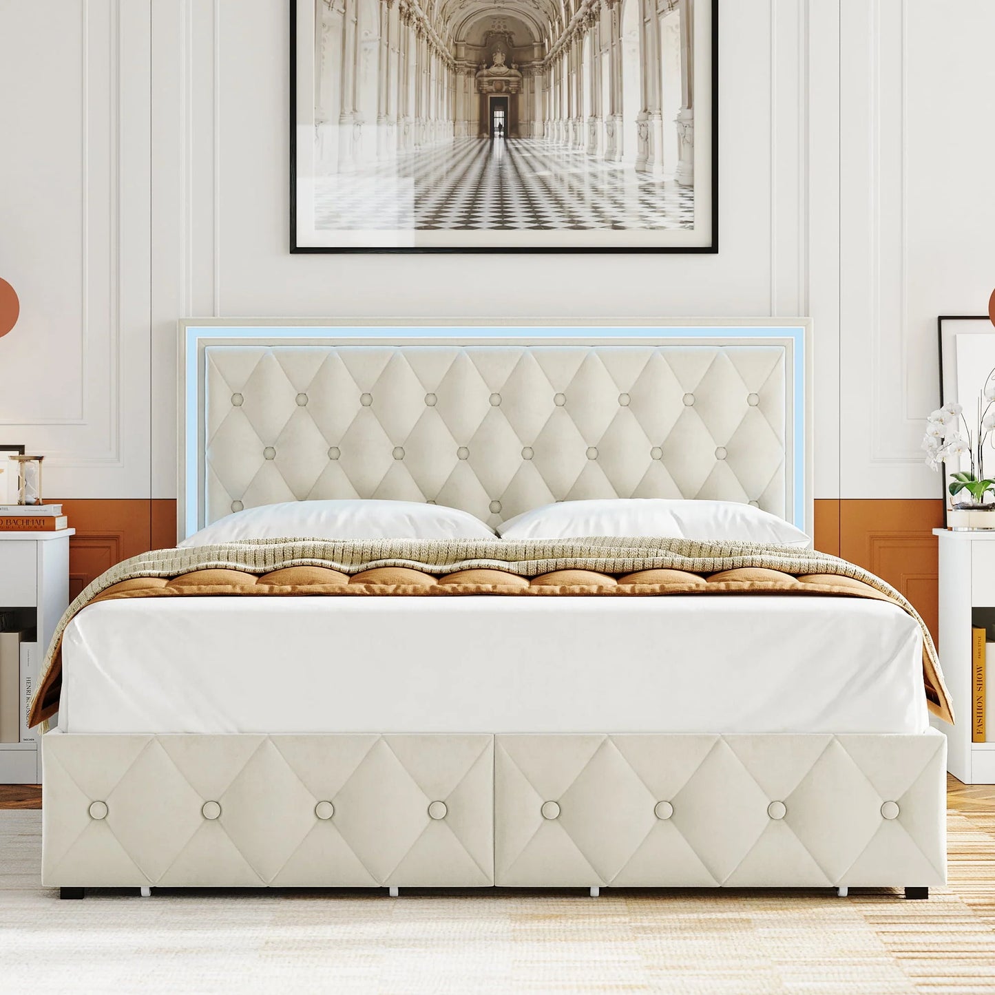 Homfa Queen LED Bed, 9 Colors LED Lights Platform Bed Frame with 4 Storage Drawers, Adjustable Upholstered Headboard with Button Tufted, Velvet Beige