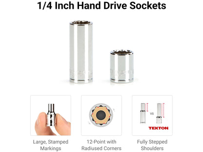 TEKTON 1/4 Inch Drive 12-Point Socket and Ratchet Set with Rails, 35-Piece (4-15 mm) | SKT03202