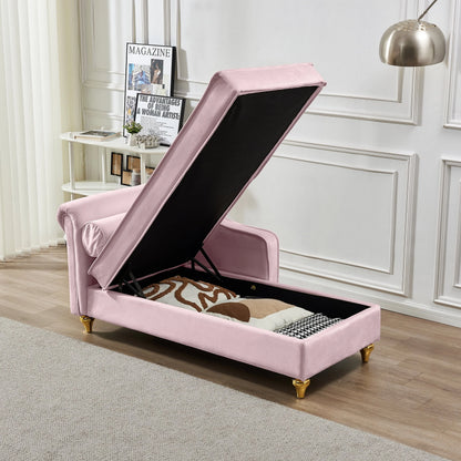 60.6" Velvet Chaise Lounge with Storage, Small Sofa Trimmed with Solid Metal Legs with 1 Pillow, Pink