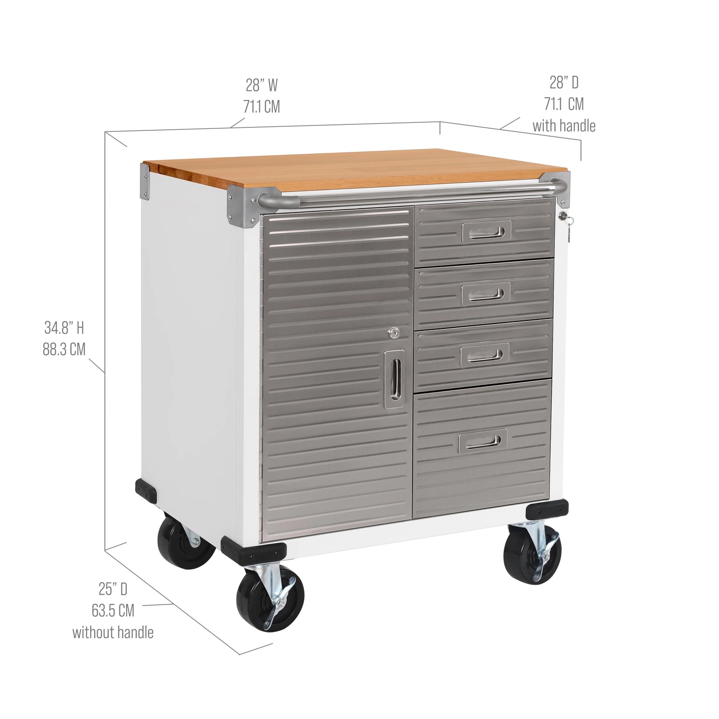 Seville Classics UltraHD Heavy Duty Rolling Cabinet Workbench Table w/Solid Wood Top, Workstation for Garage, Office, Workshop, White, 1-Door, 4-Drawer (28" W x 25" D)