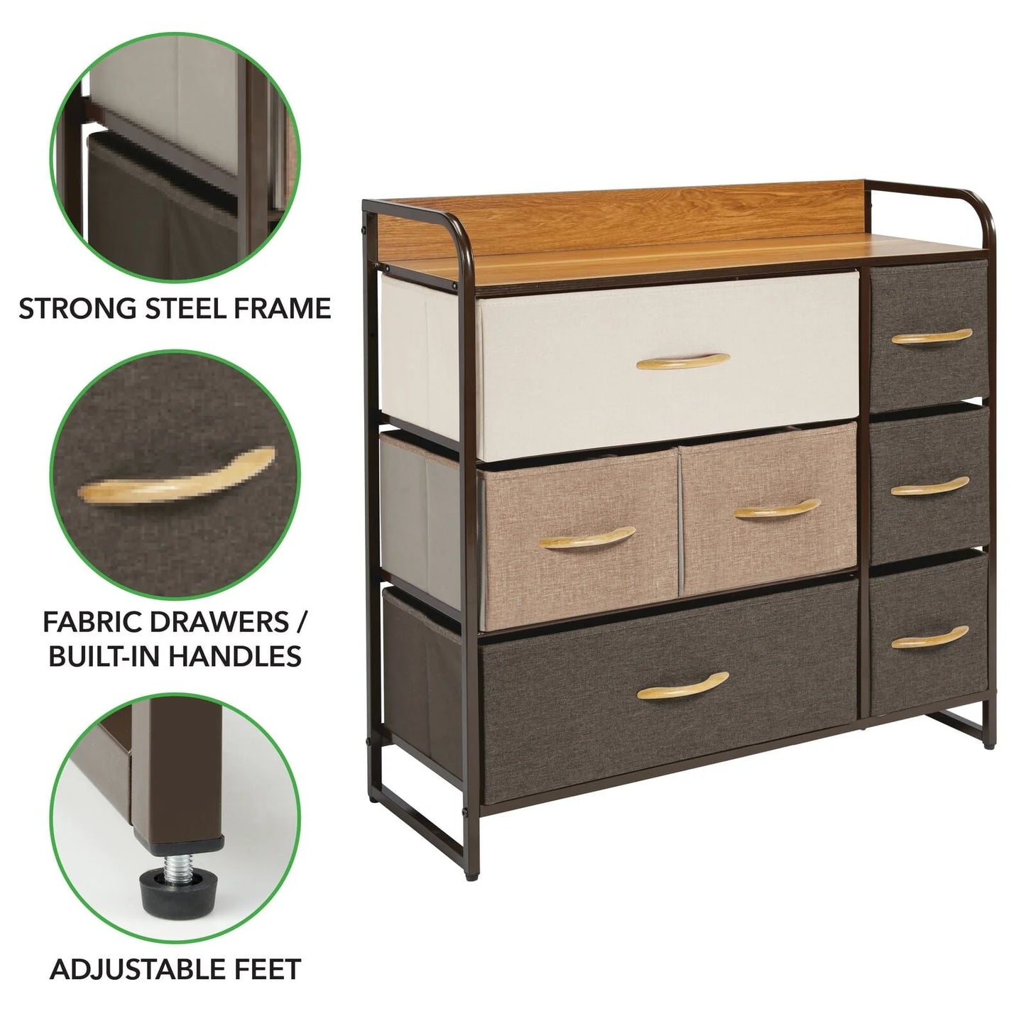 mDesign Large Storage Dresser Furniture with 7 Fabric Drawers, Multi/Dark Brown