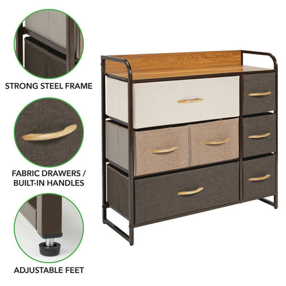 mDesign Large Storage Dresser Furniture with 7 Fabric Drawers, Multi/Dark Brown