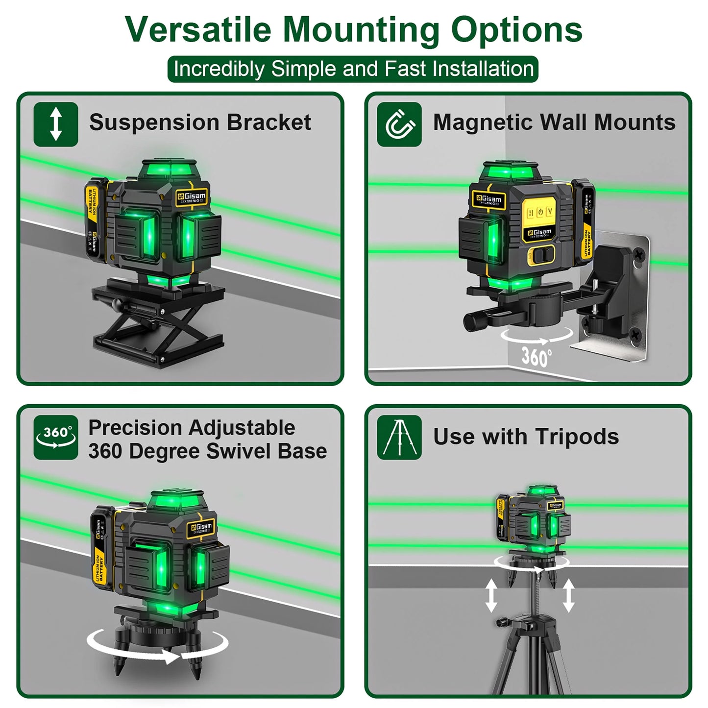 Gisam Laser Level with Tripod , 4x360? Self-Leveling Green Cross Line 4D Laser Tool with Remote Control & 2* 4800mAh Battery