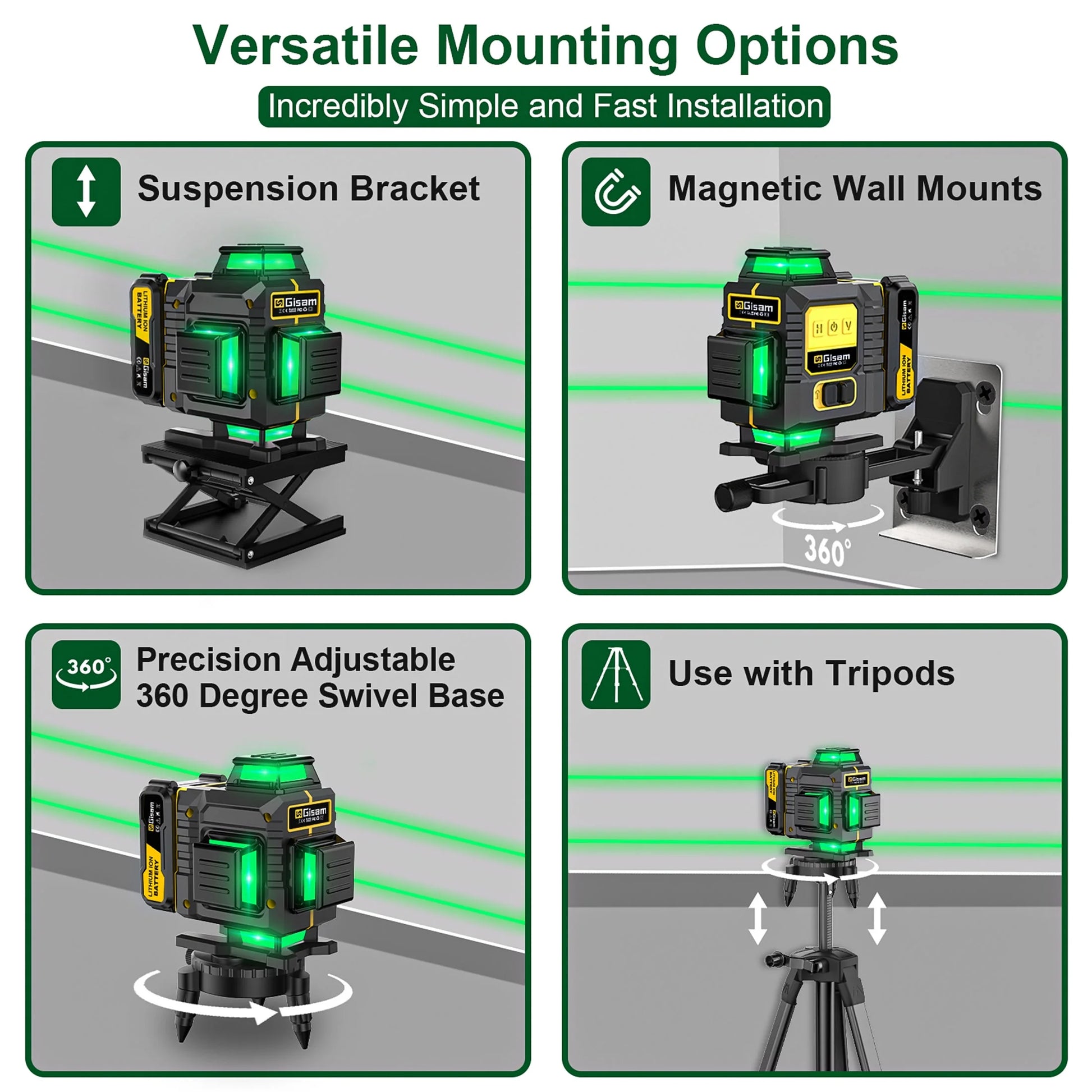 Gisam Laser Level with Tripod , 4x360? Self-Leveling Green Cross Line 4D Laser Tool with Remote Control & 2* 4800mAh Battery
