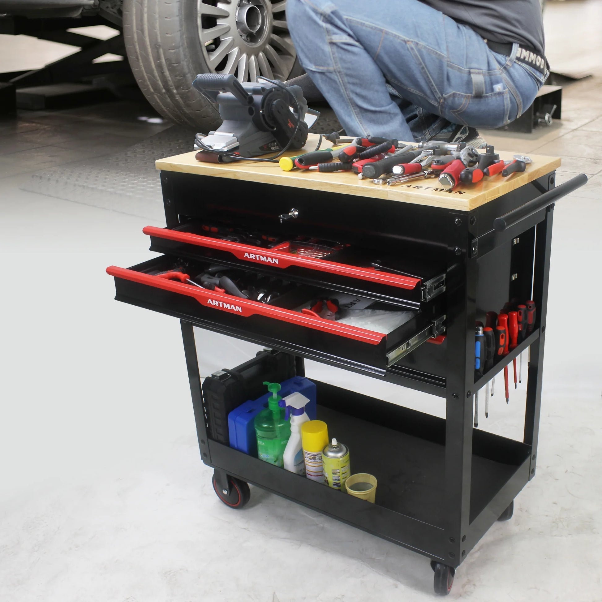 38-Inch Rolling Tool Chest, Tool Box with 3-Drawer, Multifunctional Mobile Tool Cabinet with Wheels and Wooden Top, Drawer Liner, Tool Cart for Workshop Mechanics Garage, Home Improvement