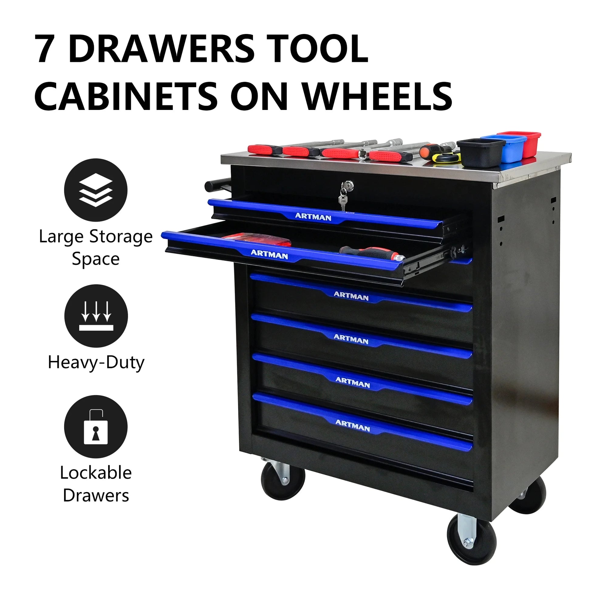 Aukfa Composable 25.9 in Tool Chest with 7 Drawers&7 Plastic Storage Box for Workshop Garage, Black