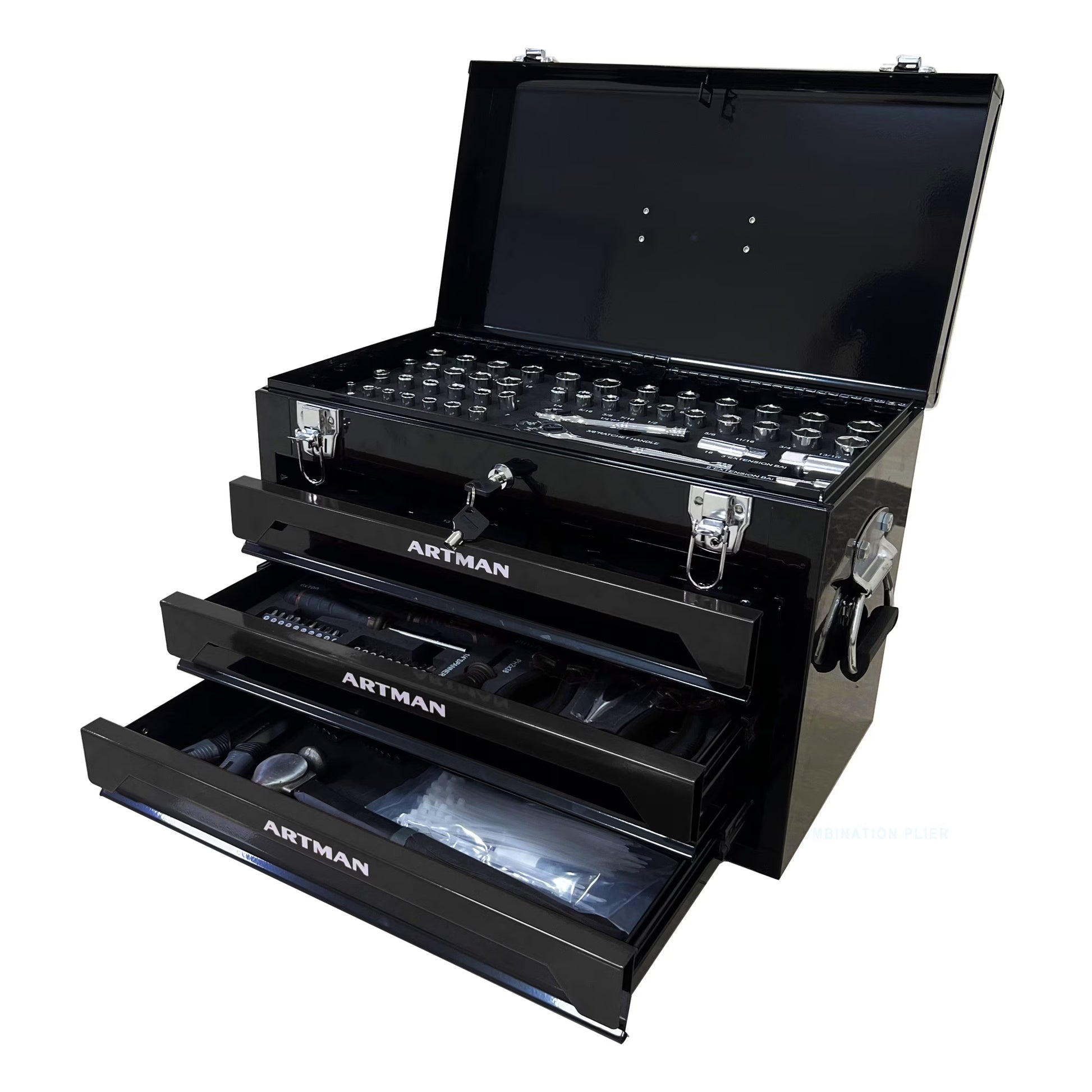Tool Box with Tool Set, 3 Drawers Metal Toolbox Portable Tool Chest Organizer with Ball-Bearing Drawer