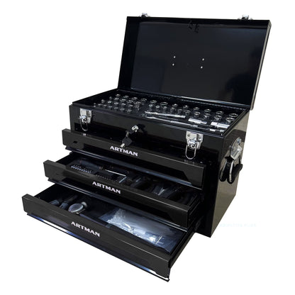 Tool Box with Tool Set, 3 Drawers Metal Toolbox Portable Tool Chest Organizer with Ball-Bearing Drawer