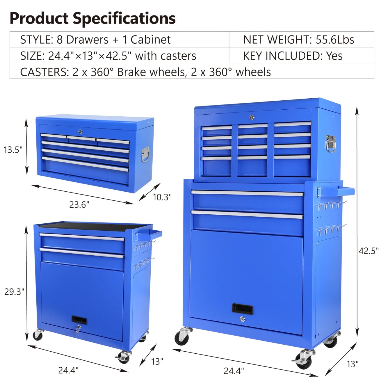 Roller Tool Chest with 8-Drawer and Wheels,Tool Box Organizer for Workshop Mechanics Garage ,Detachable Large Tool Cabinet ,Storage Organizer for Workshop Garage Repair Shop Household,Blue