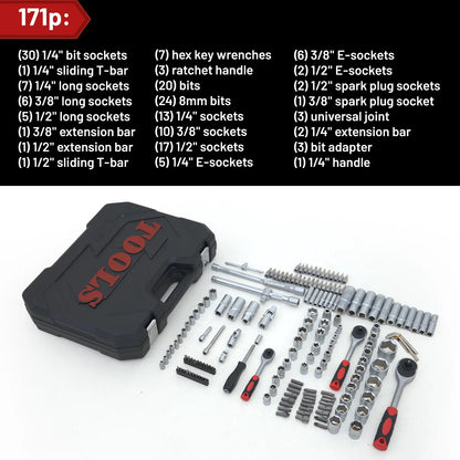 Hantinstom 171p Ultimate Sockets Set Comprehensive Hand Tool Set Perfect for Home Essentials College Dorm Car Emergency Kit
