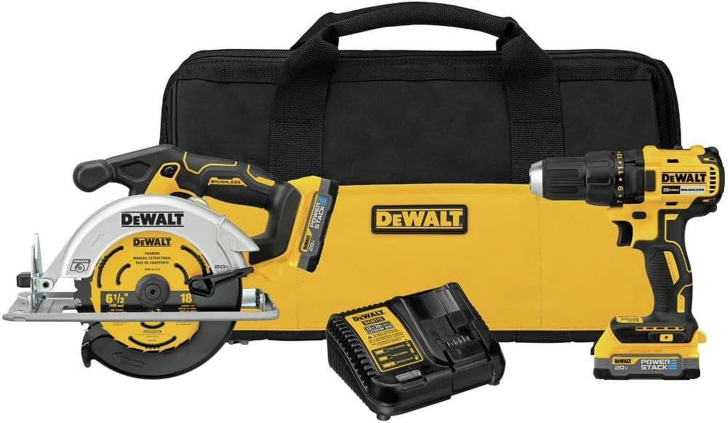 DEWALT 20V MAX Brushless Cordless Circular Saw and Drill Combo Kit with DEWALT POWERSTACK Compact Batteries DCK239E2