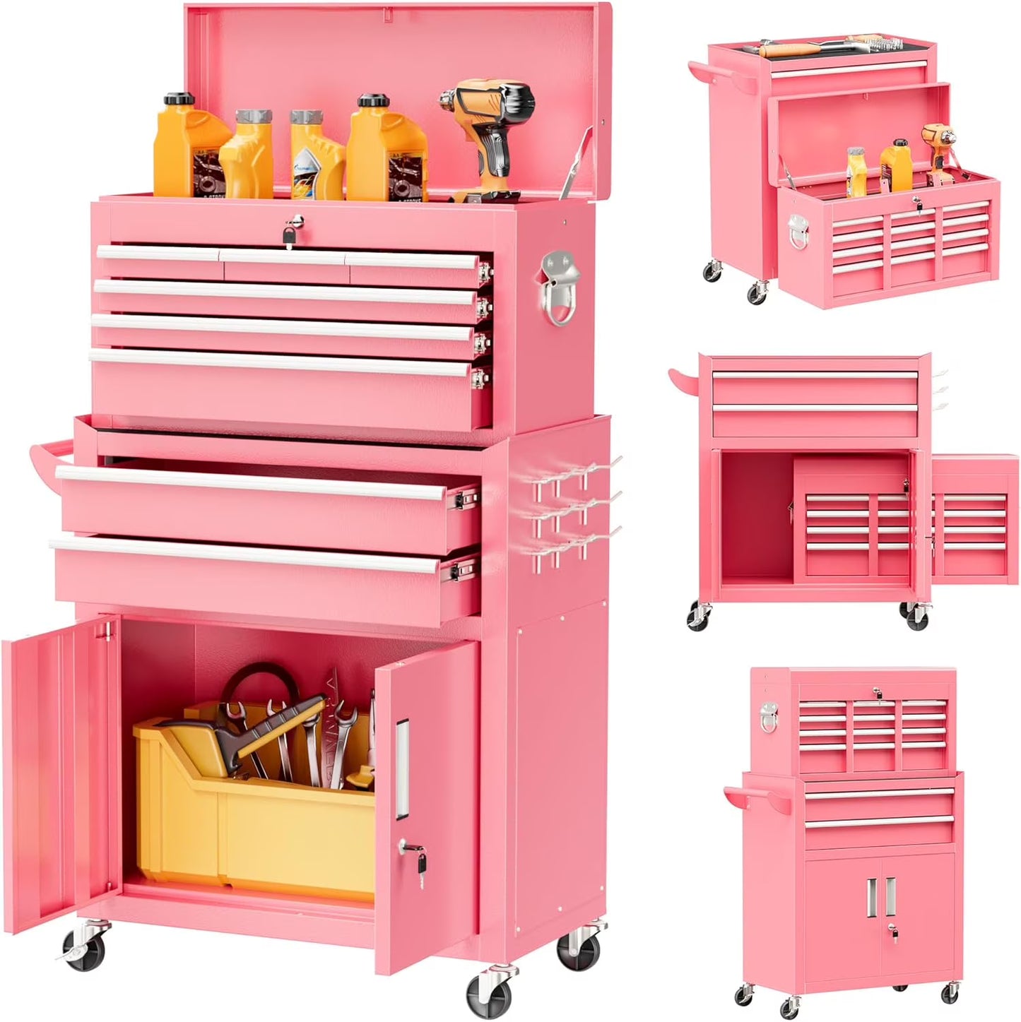 SOLAURA 5-Drawer Rolling Tool Chest Cabinet Metal Tool Storage Box Lockable with Wheels, Red