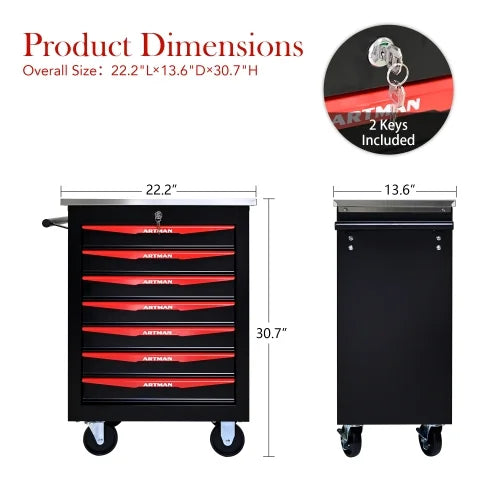 POVANLI 7 Drawer Portable Tool Box With Wheels,20" Tool Chest With Key Locking Tool Boxes/Organizers Black& Red