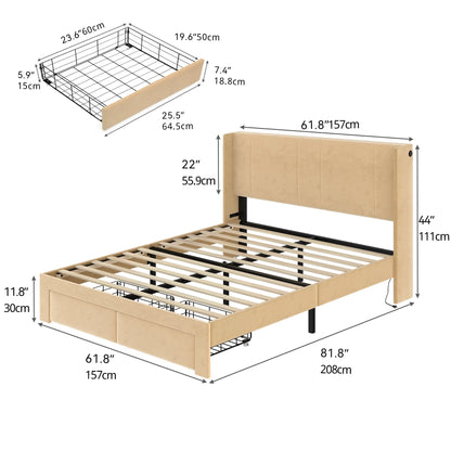 Dextrus Queen Size Upholstered Bed Frame, Platform Bed Frame with Storage Drawers, Headboard Built-in 2 USB Charging Stations and Strong Wood Slats Support, No Box Spring Needed, Beige