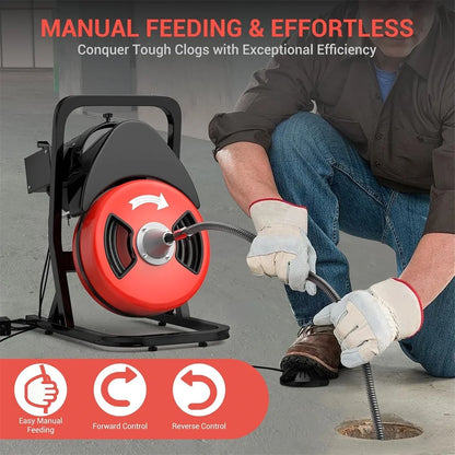 50FTx1/2 Inch Drain Cleaner Machine, Sewer Snake Electric Drain for 2" to 4" Pipes, Plumbing Snake Auger Cleaner with Wheels & 4 Cutter & Foot Switch for Sewer, Sink, Toilet, Bathroom and Shower