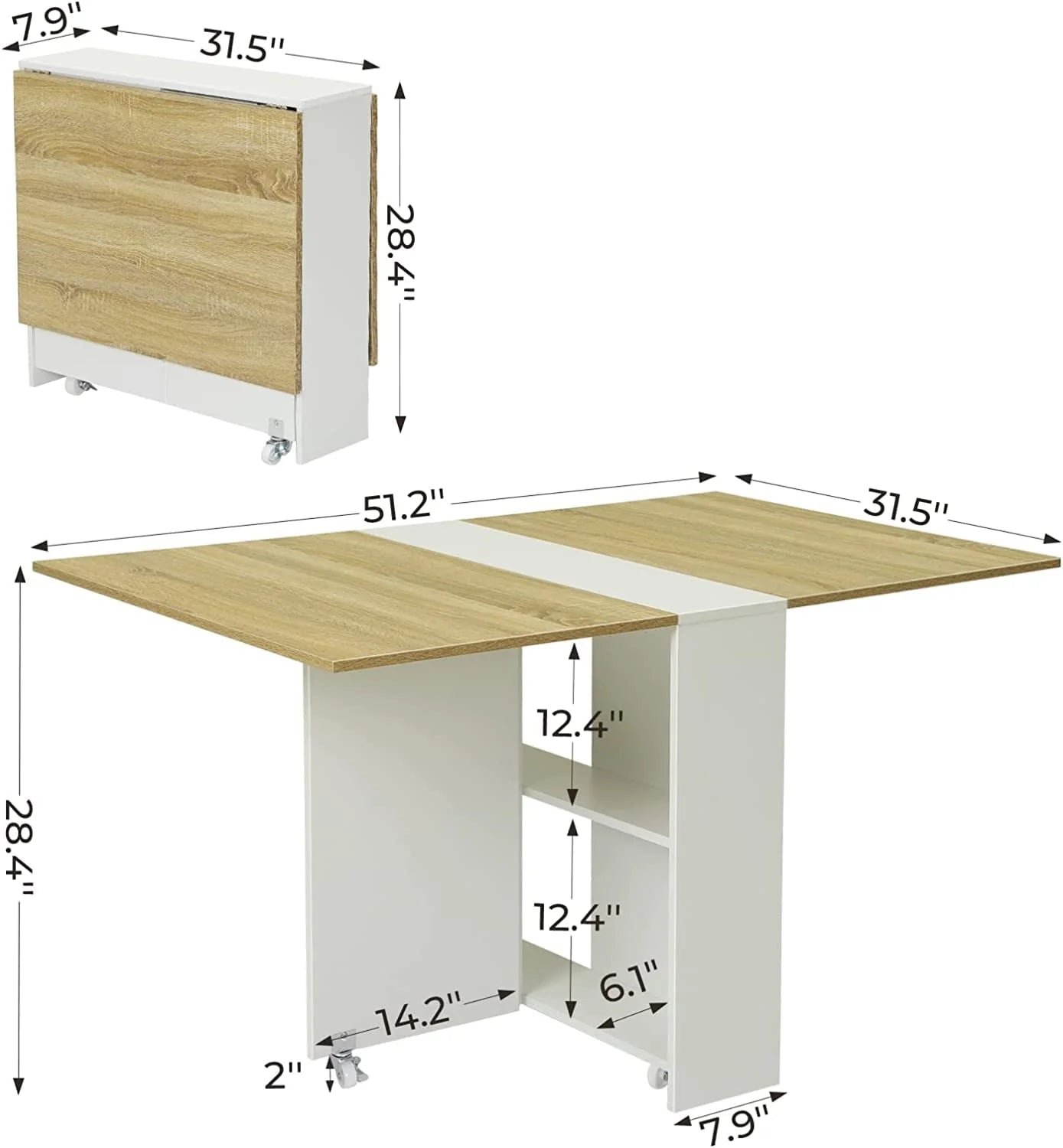 Folding Dining Table with 2 Storage Racks, Multifunction Expandable Table with 6 Wheels,Drop Leaf Table for Kitchen Bedroom Living Room, White