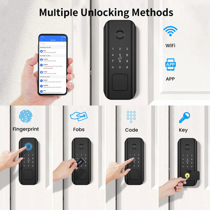 AUOSHI Security Smart Lock Fingerprint Door latch Keyless Entry Wi-Fi Door Lock Wireless Electronic Deadbolt with Touchscreen Keypad doorbell key IC Card App Control IP65 Waterproof Matte Black