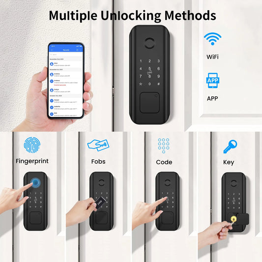 AUOSHI Security Smart Lock Fingerprint Door latch Keyless Entry Wi-Fi Door Lock Wireless Electronic Deadbolt with Touchscreen Keypad doorbell key IC Card App Control IP65 Waterproof Matte Black