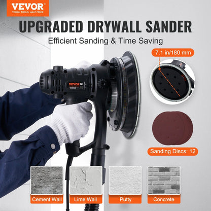 800W Electric Drywall Sander with Dust Extraction, Adjustable RPM 1200-2300, Brush Motor for Efficient Wall Sanding & Polishing