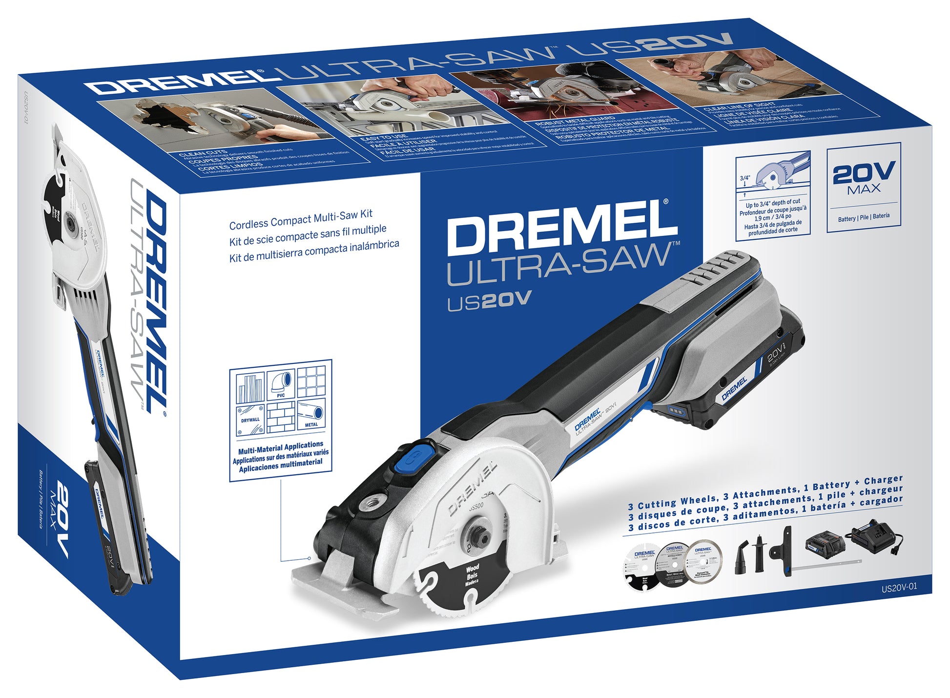 Dremel US20V-01 - 20V Max Cordless Ultra-Saw 1 Battery Tool Kit, (3) Cutting Wheels & Storage Bag, Ideal for Flush Cutting, Plunge Cutting and Surface Preparation