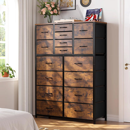 EnHomee Large Dresser for Bedroom Furniture Dresser with 16 Drawers Fabric Tall Dresser Closet Dresser Chest of Drawers Clothes Storage Slim for Living Room Office, Rustic Brown Wood Grain Print