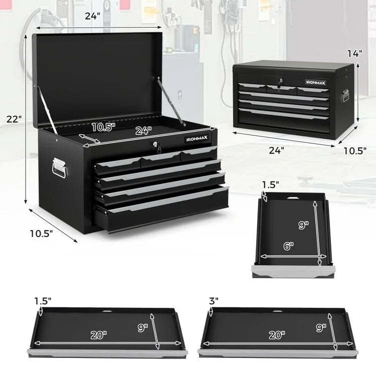 Barara King 24 Inch Tool Chest Case with 6 Drawers and Top Storage for Garage Repair Shop & Warehouse-Black