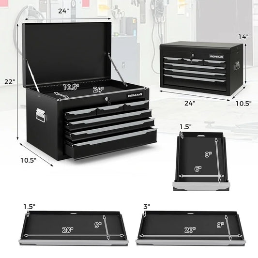 Barara King 24 Inch Tool Chest Case with 6 Drawers and Top Storage for Garage Repair Shop & Warehouse-Black