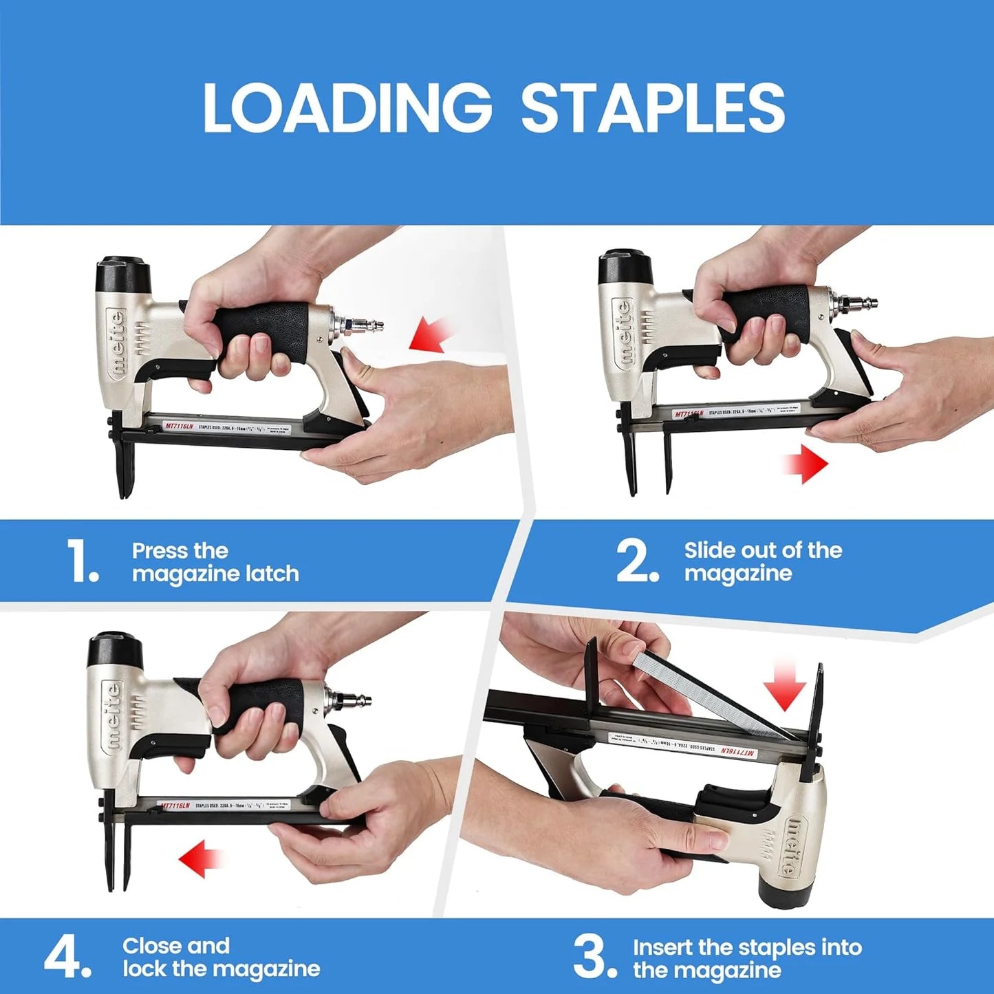 MEITE MT7116LN Pneumatic Staple Gun with Long Nose 22 Gauge 3/8" Crown 1/4" to 5/8" Length 71 Series