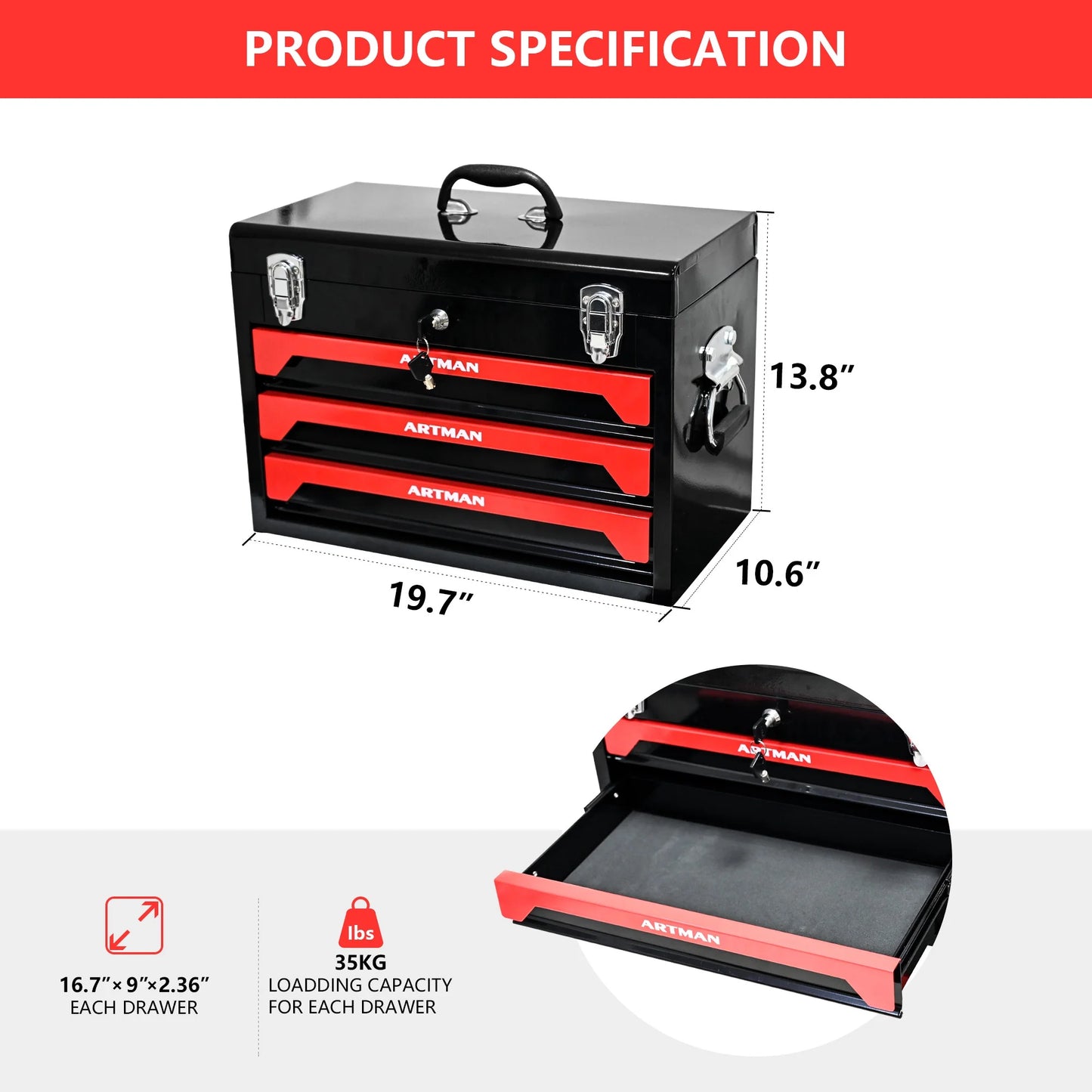 Tool Cabinet with 4 Tools Set, Lockable Tool Boxes Tool Chest, 3-Drawer Tool Cart, Black