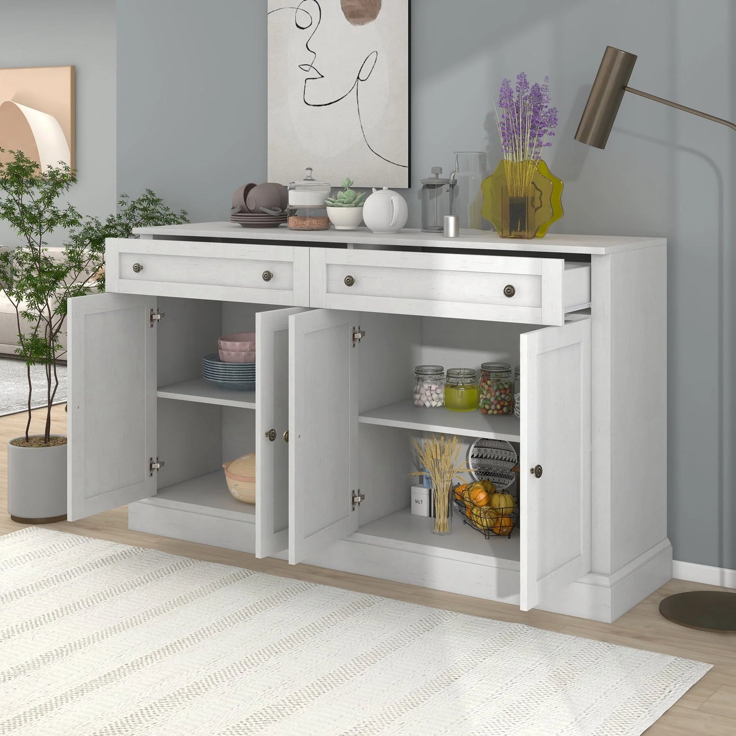 KEHOMY Kitchen Sideboard Storage Buffet Cabinet, with 2 Drawers and 4 Doors Adjustable Shelves for Dining Room, Living Room, Antique White