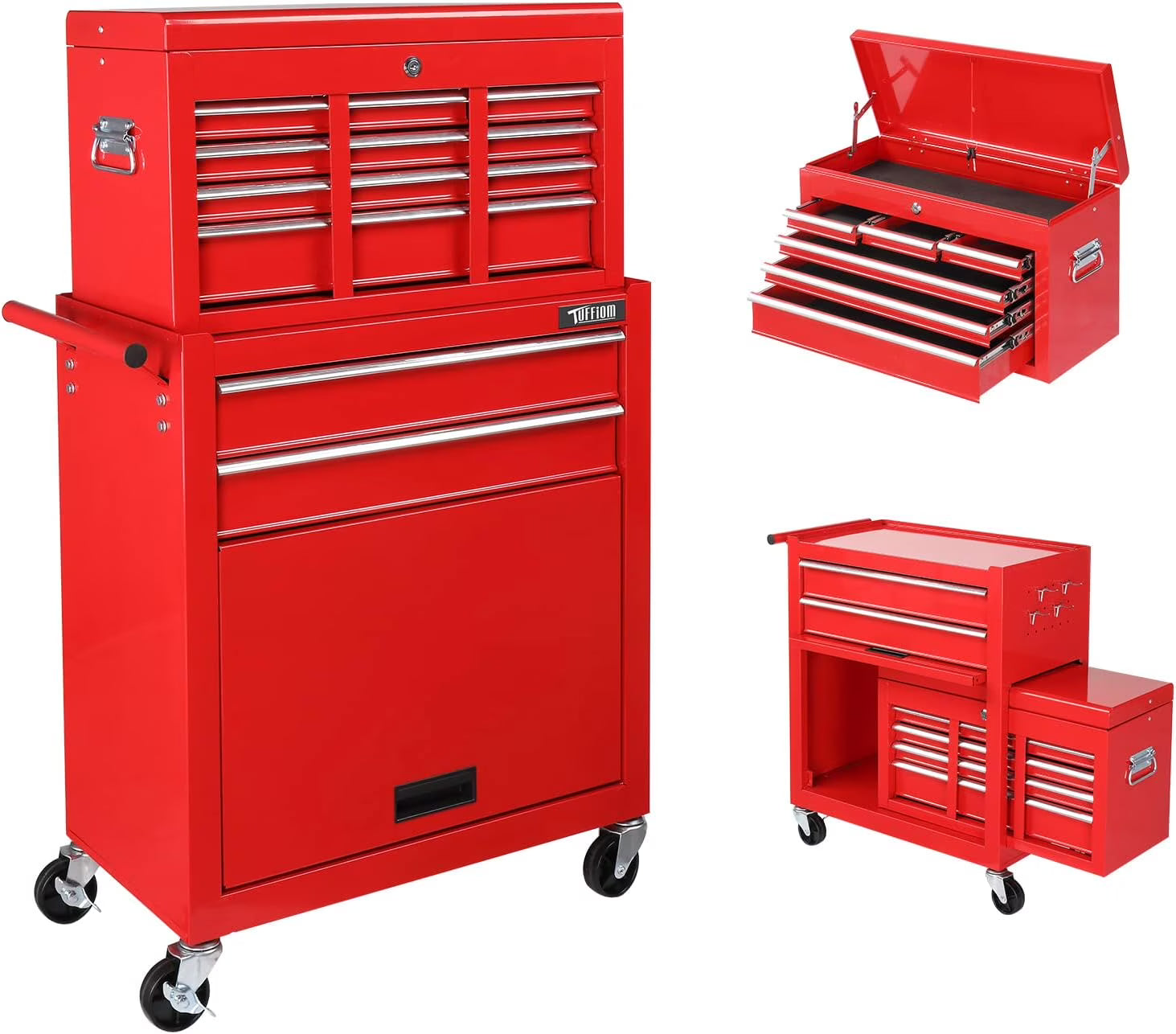 TUFFIOM 8-Drawer Rolling Tool Chest w/Lock & Key, Tool Storage Cabinet w/Wheels, Detachable Top, Drawers, Side Hooks & Drawer Liners, Tool Organizer Box for Garage, Warehouse & Repair Shop
