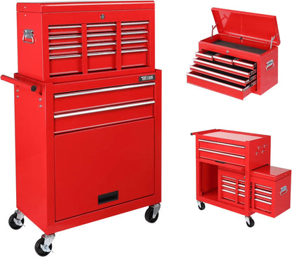 TUFFIOM 8-Drawer Rolling Tool Chest w/Lock & Key, Tool Storage Cabinet w/Wheels, Detachable Top, Drawers, Side Hooks & Drawer Liners, Tool Organizer Box for Garage, Warehouse & Repair Shop