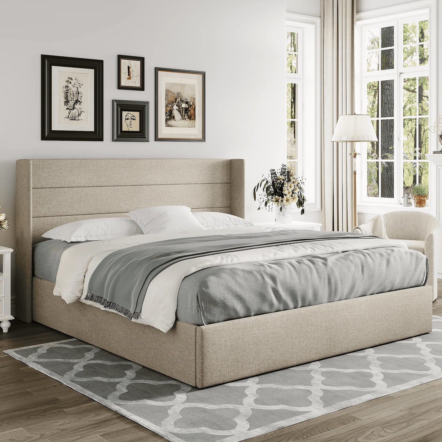 Einfach King Size Lift up Storage Bed with Wingbacks and Horizontal Channel Headboard, Beige
