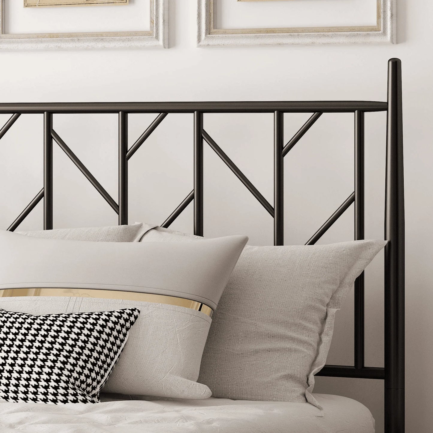 Allewie Black Queen Size Modern Metal Platform Bed Frame with Vintage Headboard and 12'' Under-bed Storage