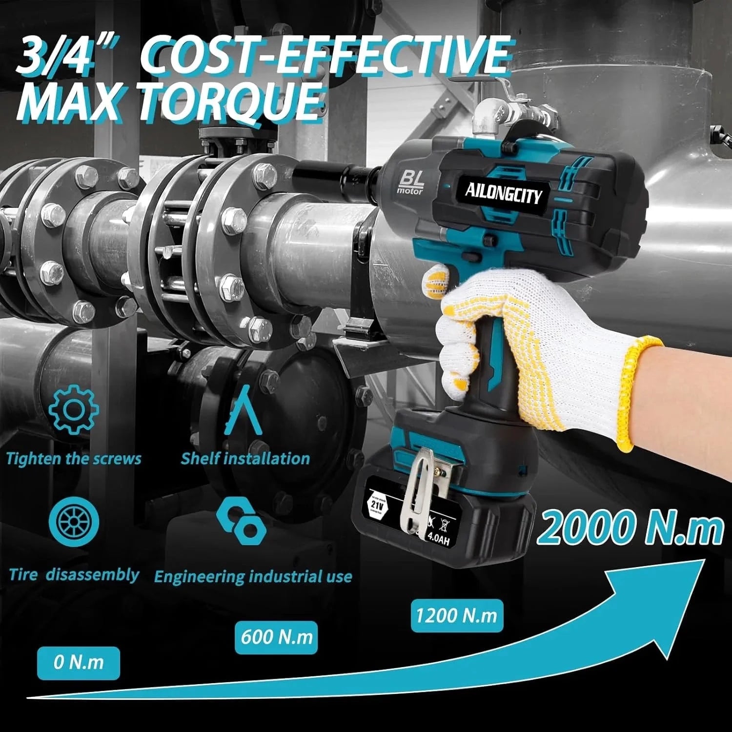 2000Nm(1500ft-lbs) Cordless Impact Wrench,3/4 inch High Torque Brushless Impact Gun, 5500RPM Power Batt ery Impact Wrench w/2 x 4.0Ah Bat tery, Fast Charger for Heavy Duty Truck Mower