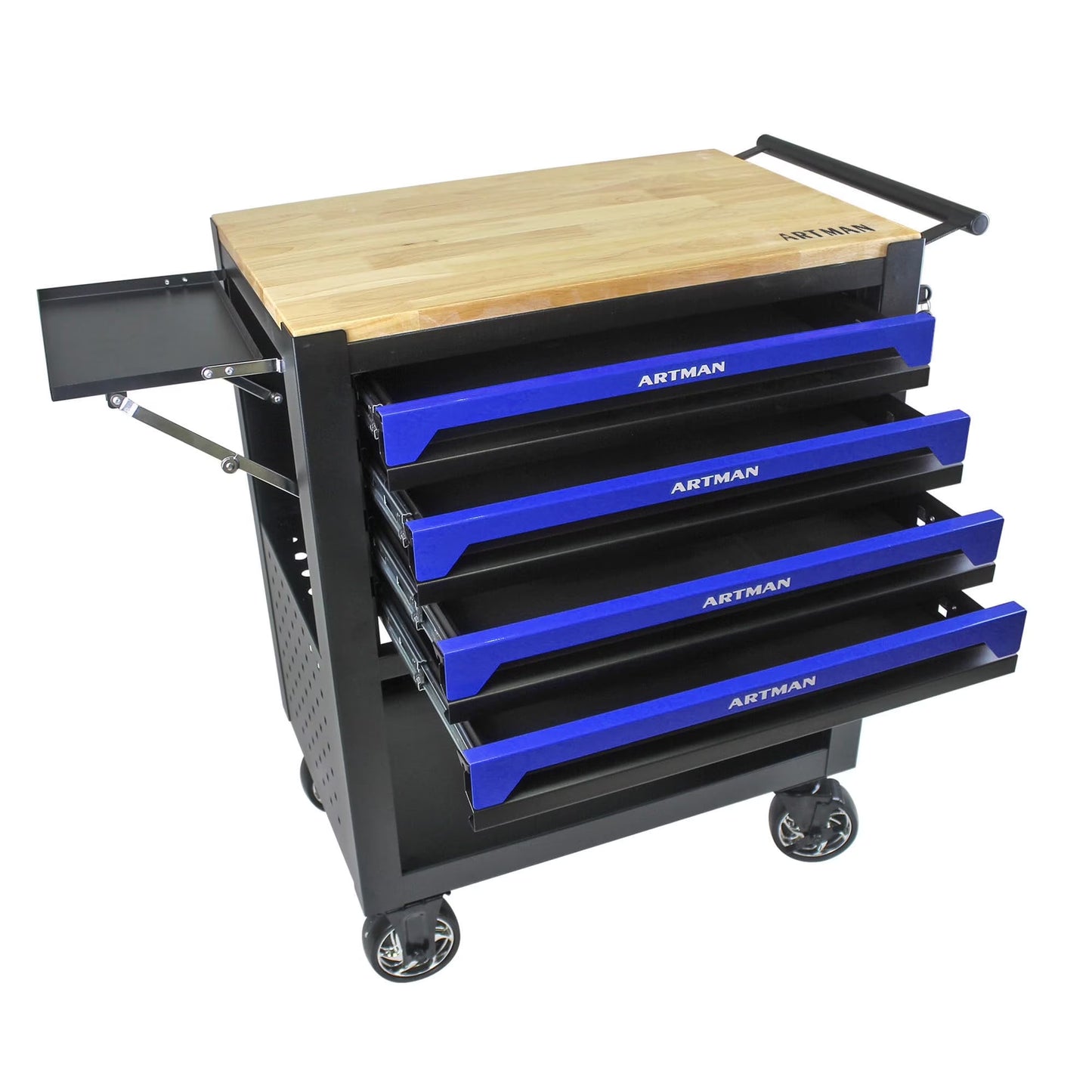 NIGSQJB 4 Drawers Tool Chest on Wheels, 35.4"H Tool Storage Cart with Wooden Top,Drawers Rolling Tool Box Organizer Tool Case with Lock for Garage,Warehouse,Workshop,Repair Shop, Blue Black