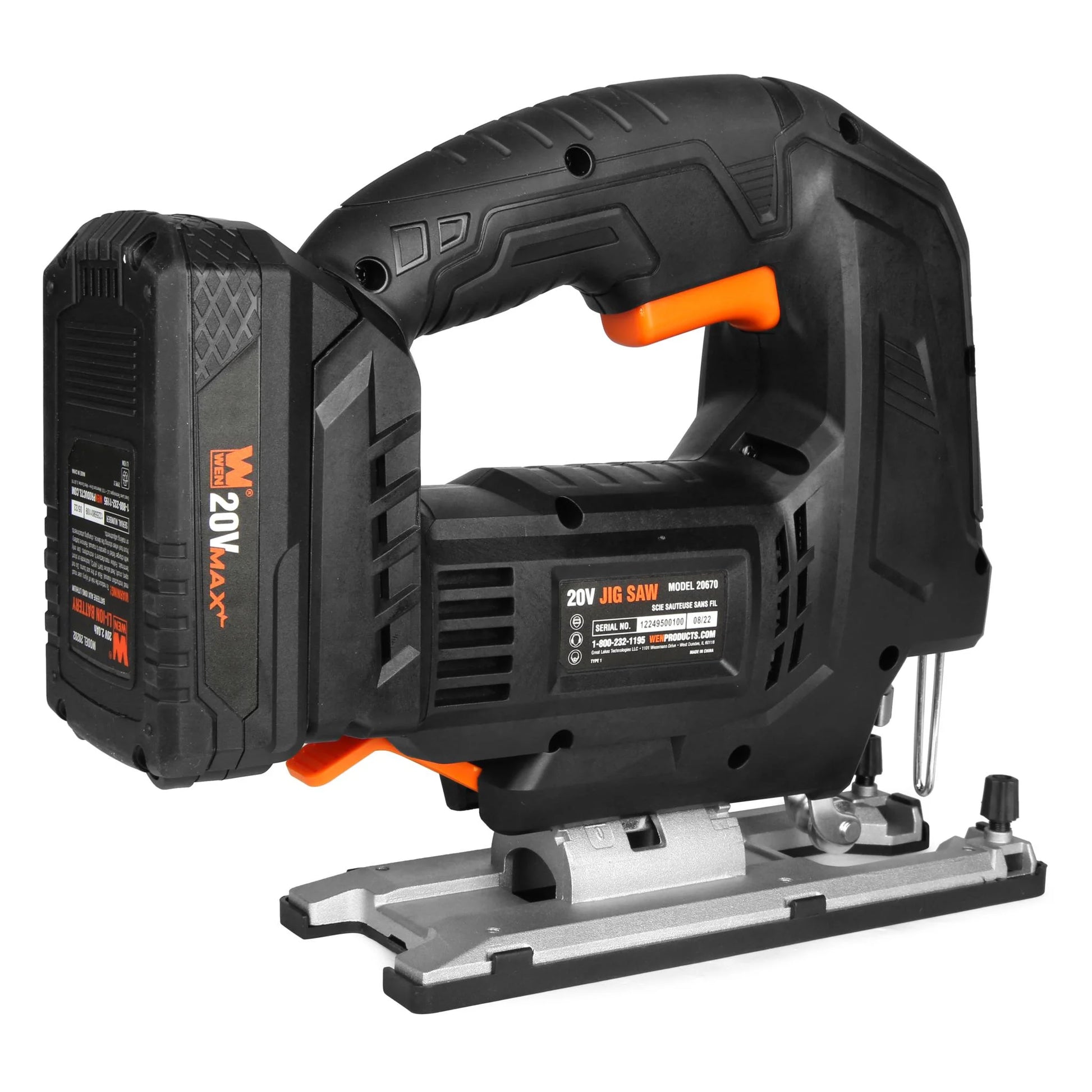 WEN 20V Max Cordless Brushless Auto-Speed Jigsaw with 4.0Ah Lithium Ion Battery and Charger