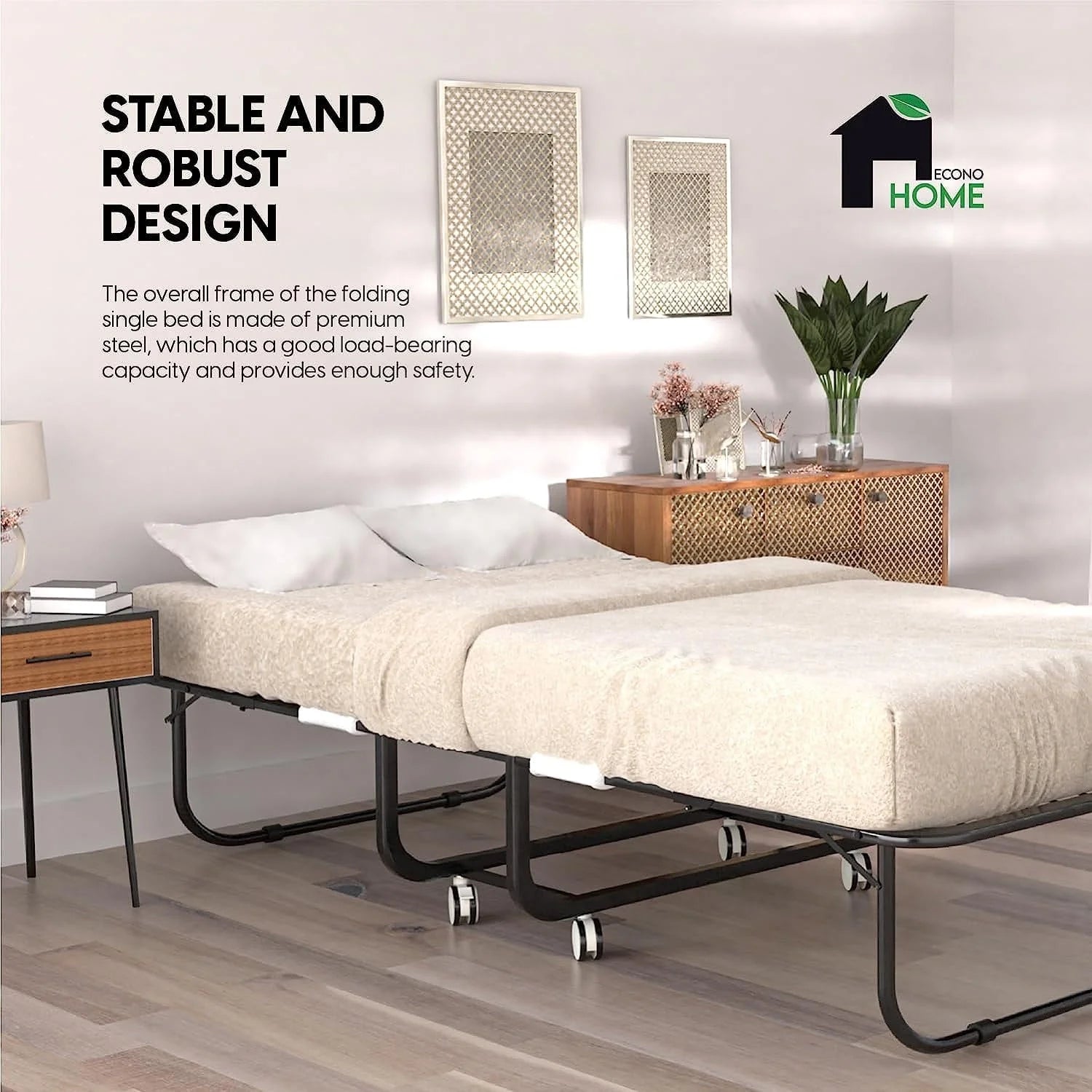 EconoHome Folding Bed with Mattress - 75x31 Cot Size Bed Frame - Portable Foldable Roll Away Adult Bed for Guest - 5-inch Thick Memory Foam Cot Mattress - Space Saving Fold Up Bed for Easy Storage