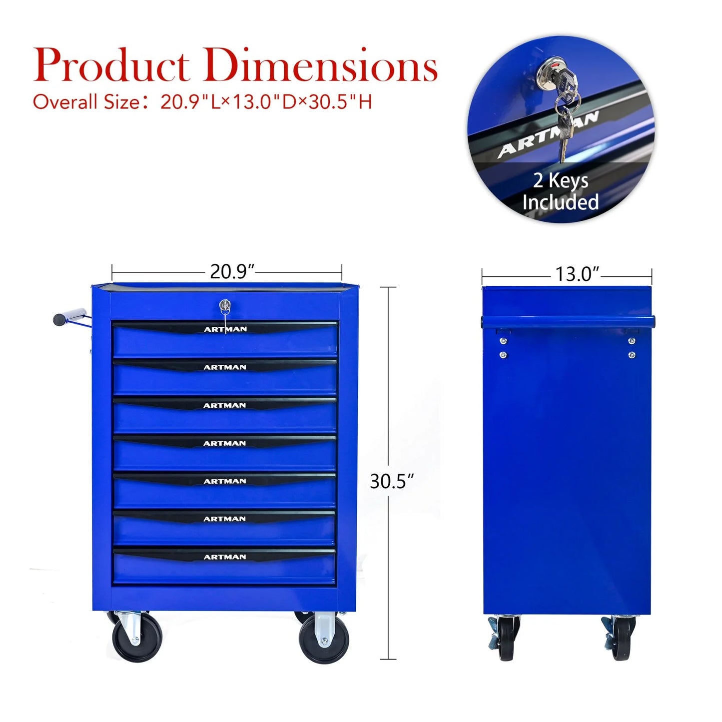 FARONZE Rolling Metal Tool Chest with 7 Drawers, 20" Steel Storage Cabinet with Ball Bearing Slides, Black and Blue Finish