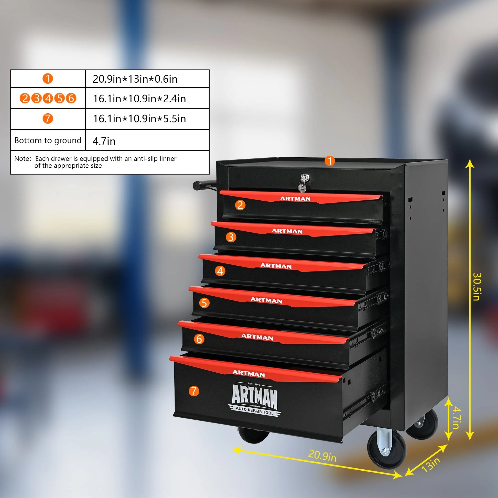 20" Rolling Metal Tool Chest with 6 Drawers, Ball Bearing Slides, Steel Tool Storage Organizer, Black & Red