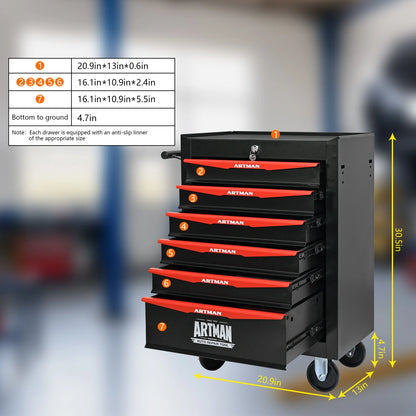 20" Rolling Metal Tool Chest with 6 Drawers, Ball Bearing Slides, Steel Tool Storage Organizer, Black & Red