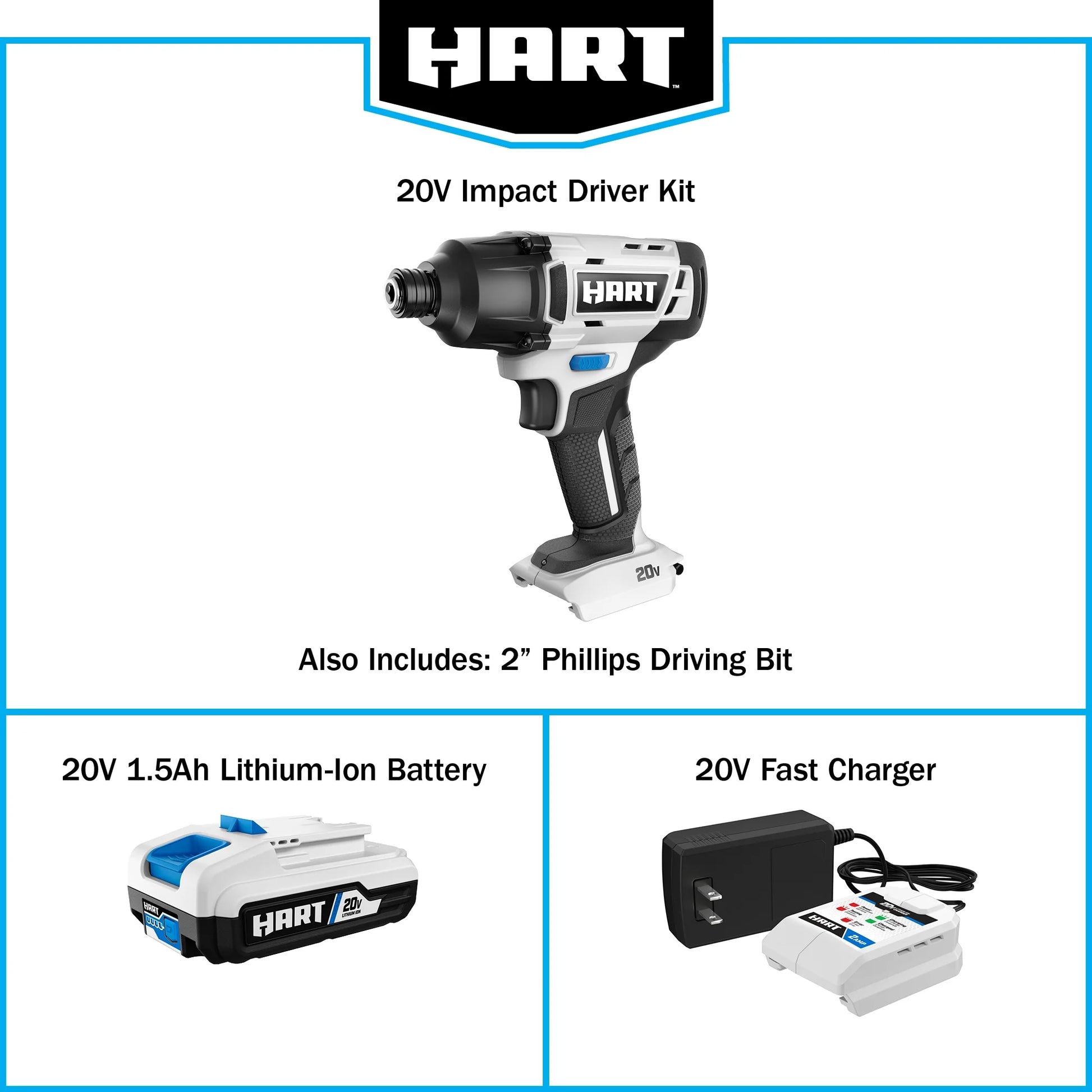 HART 20-Volt Cordless Impact Driver Kit, (1) 1.5Ah Lithium-Ion Battery, Hex Chuck, Gen 2
