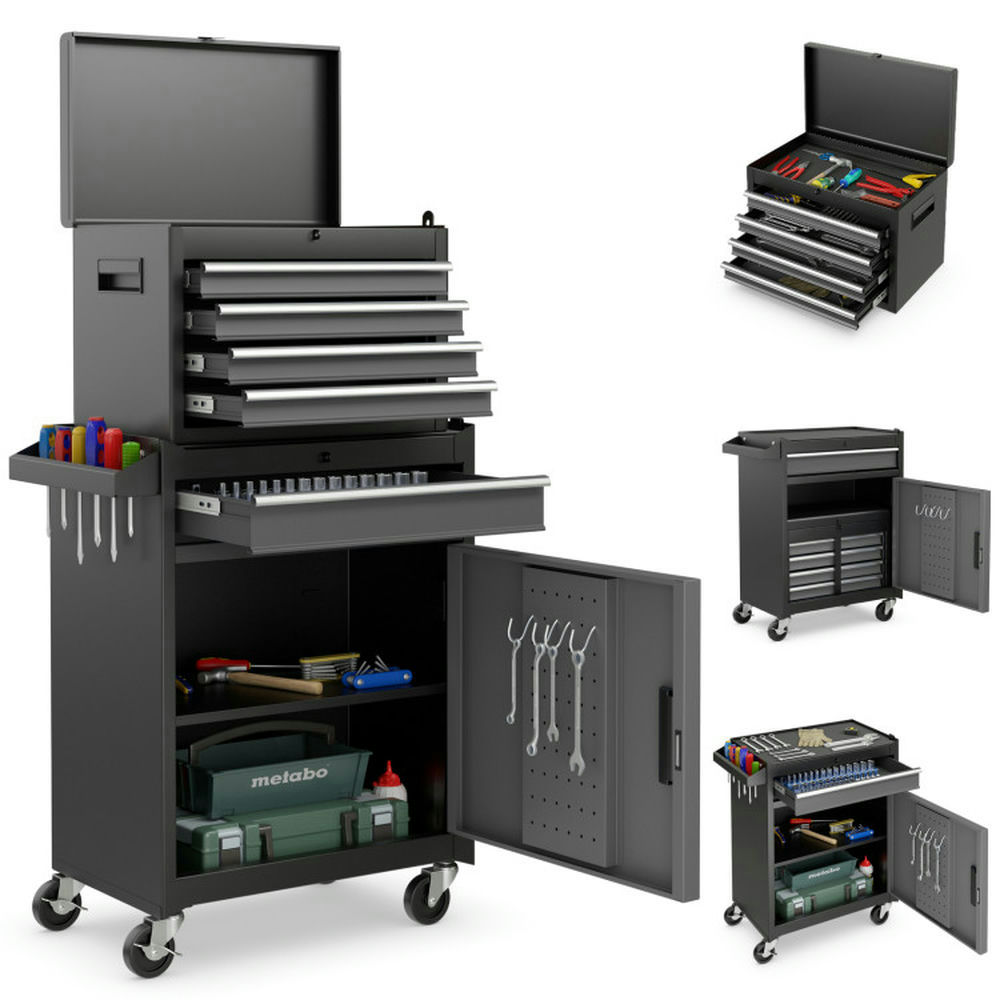 GVN 2-in-1 Rolling Tool Chest with 5 Sliding Lockable Drawers-Black & Gray