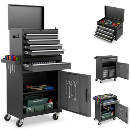 GVN 2-in-1 Rolling Tool Chest with 5 Sliding Lockable Drawers-Black & Gray