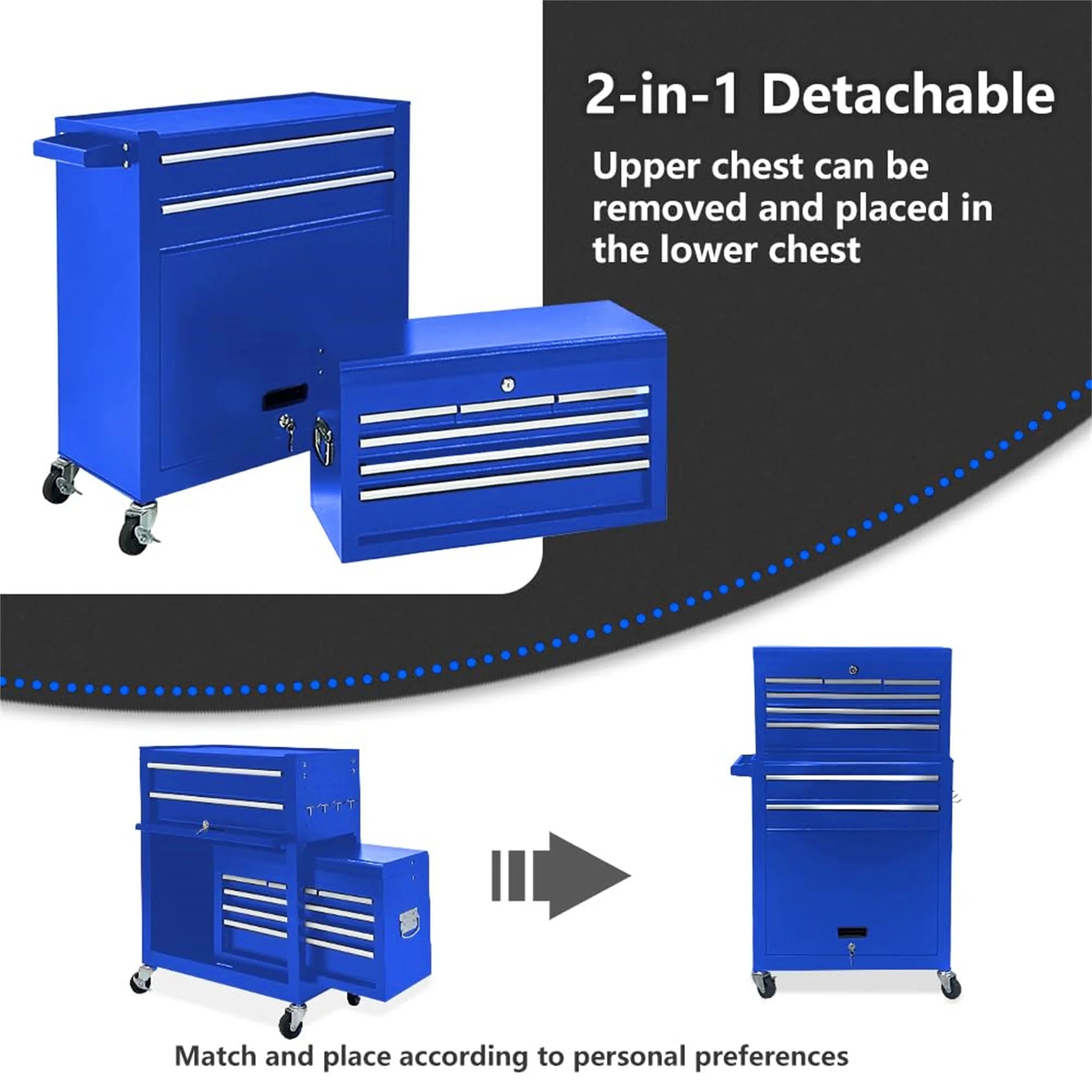 Aukfa Tool Box, 2 in 1 Steel Rolling Tool Chest & Cabinet on Wheels for Garage, 8-Drawers, Blue