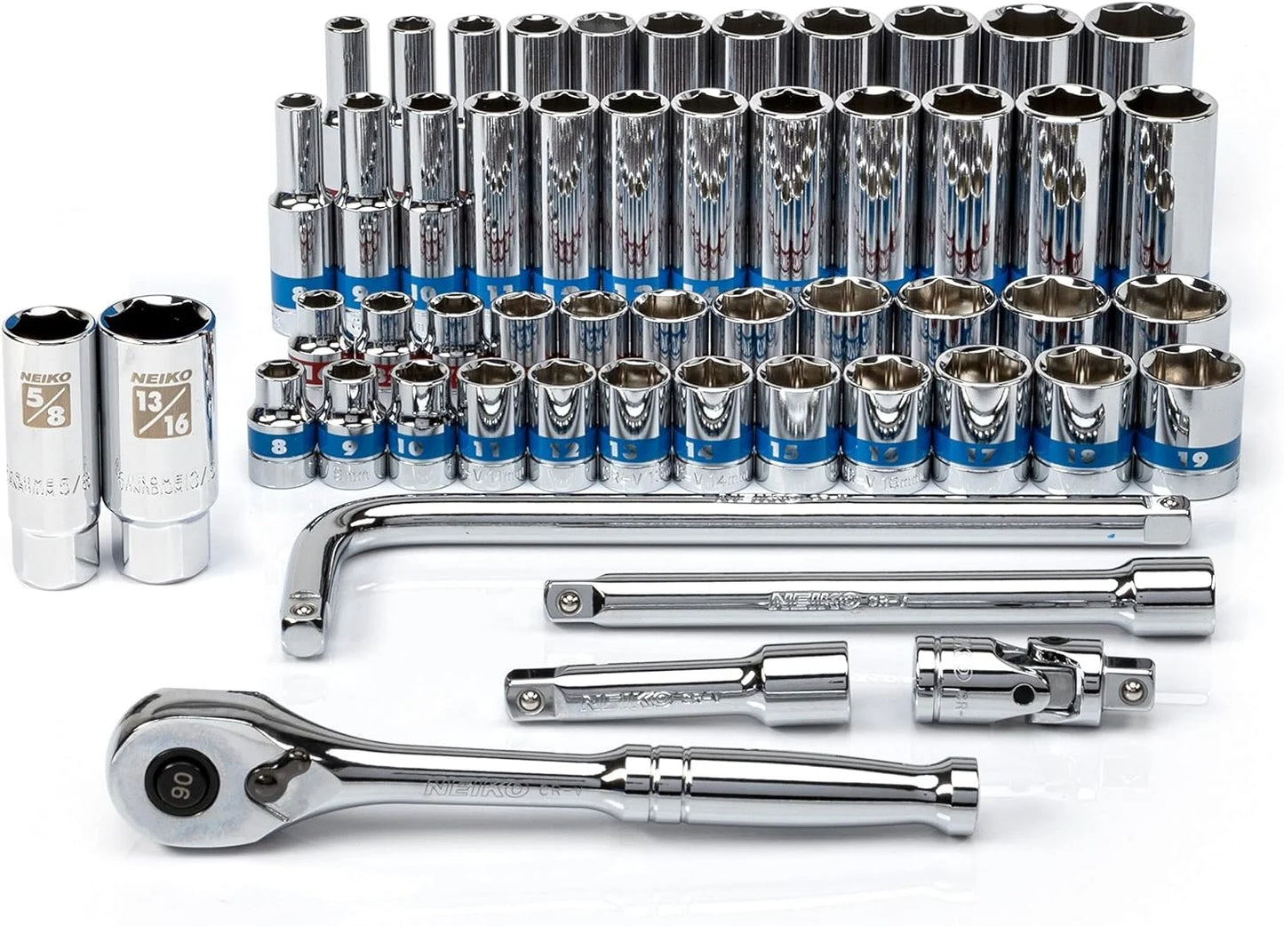 Neiko 02513A 3/8-Inch-Drive Ratchet and Socket Set, 53-Piece, Standard and Deep SAE Sizes 5/16" to 7/8", Made with CrV Steel