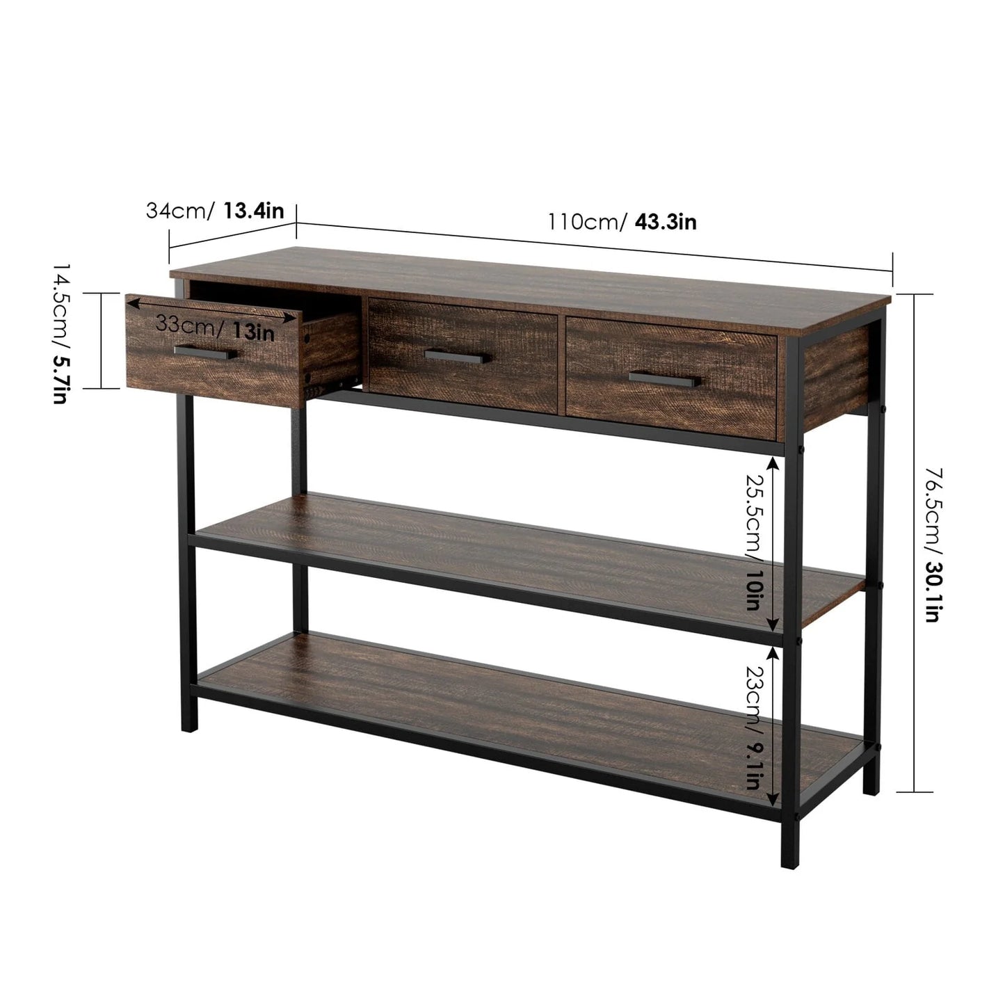 Homfa Console Table with Drawers, 43.3'' Hallway Entryway Table with 3 Tier Storage, Sofa Table for Living Room, Espresso